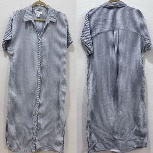 Lucky Brand Linen Blue Striped Button Front Dress Large Summer